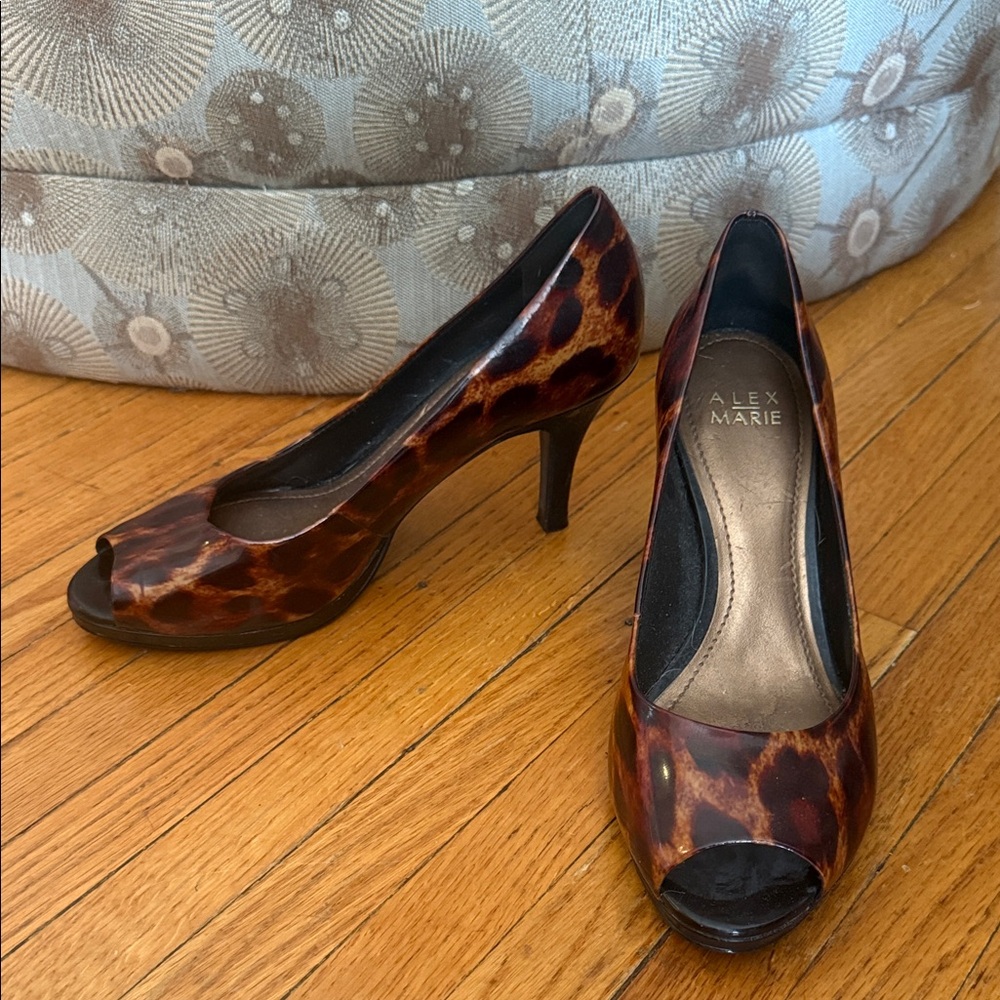 Alex Marie Brown Leopard Peep Toe Heels 8